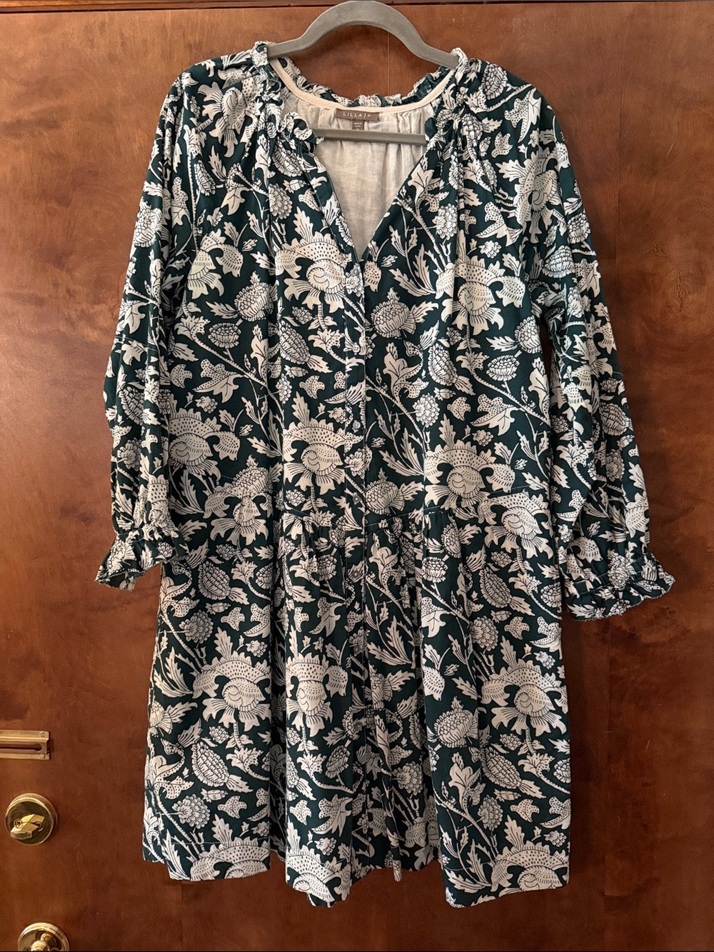 Lilla P Dark Green and White Floral Long-Sleeve  Dress